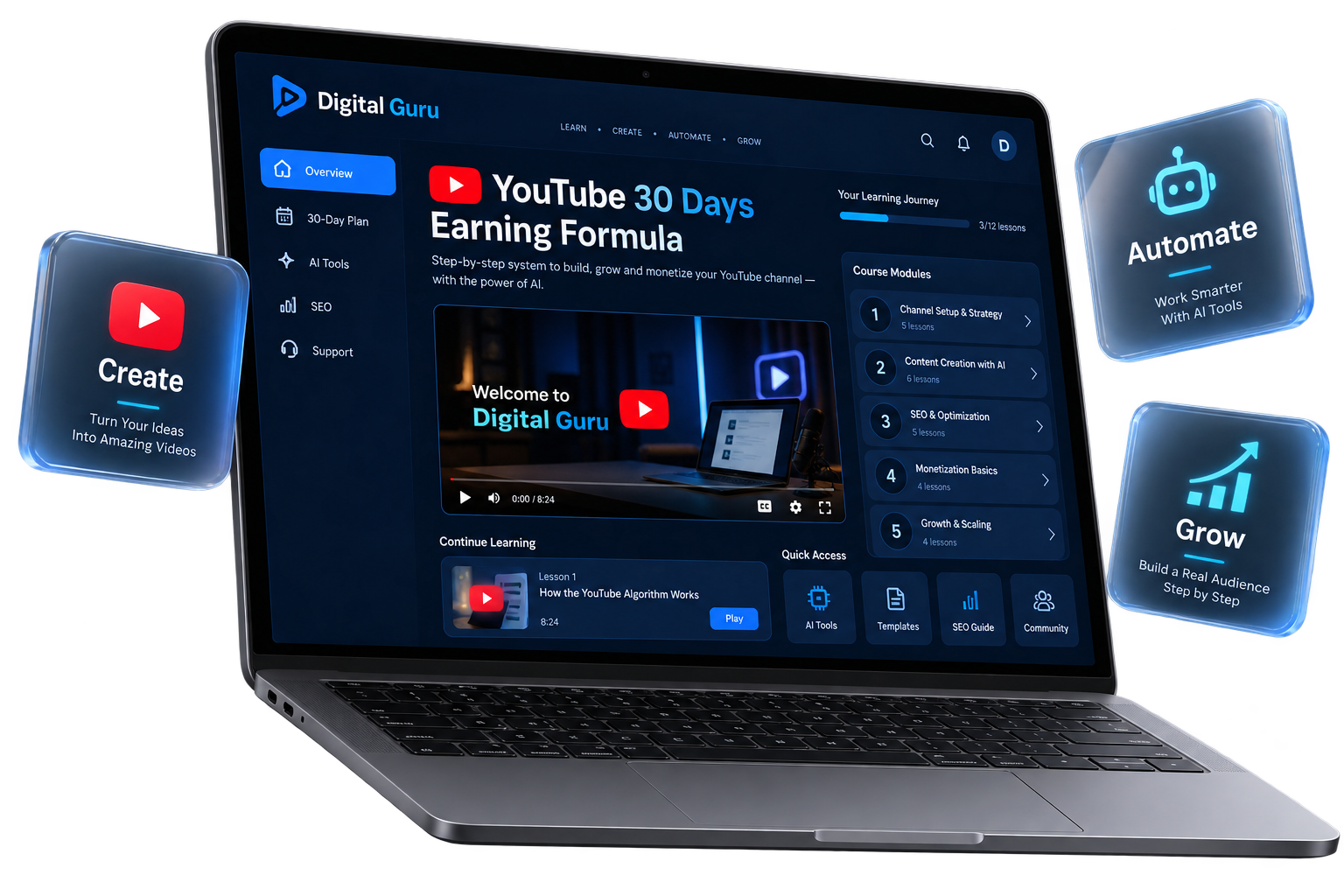 Digital Guru YouTube learning dashboard